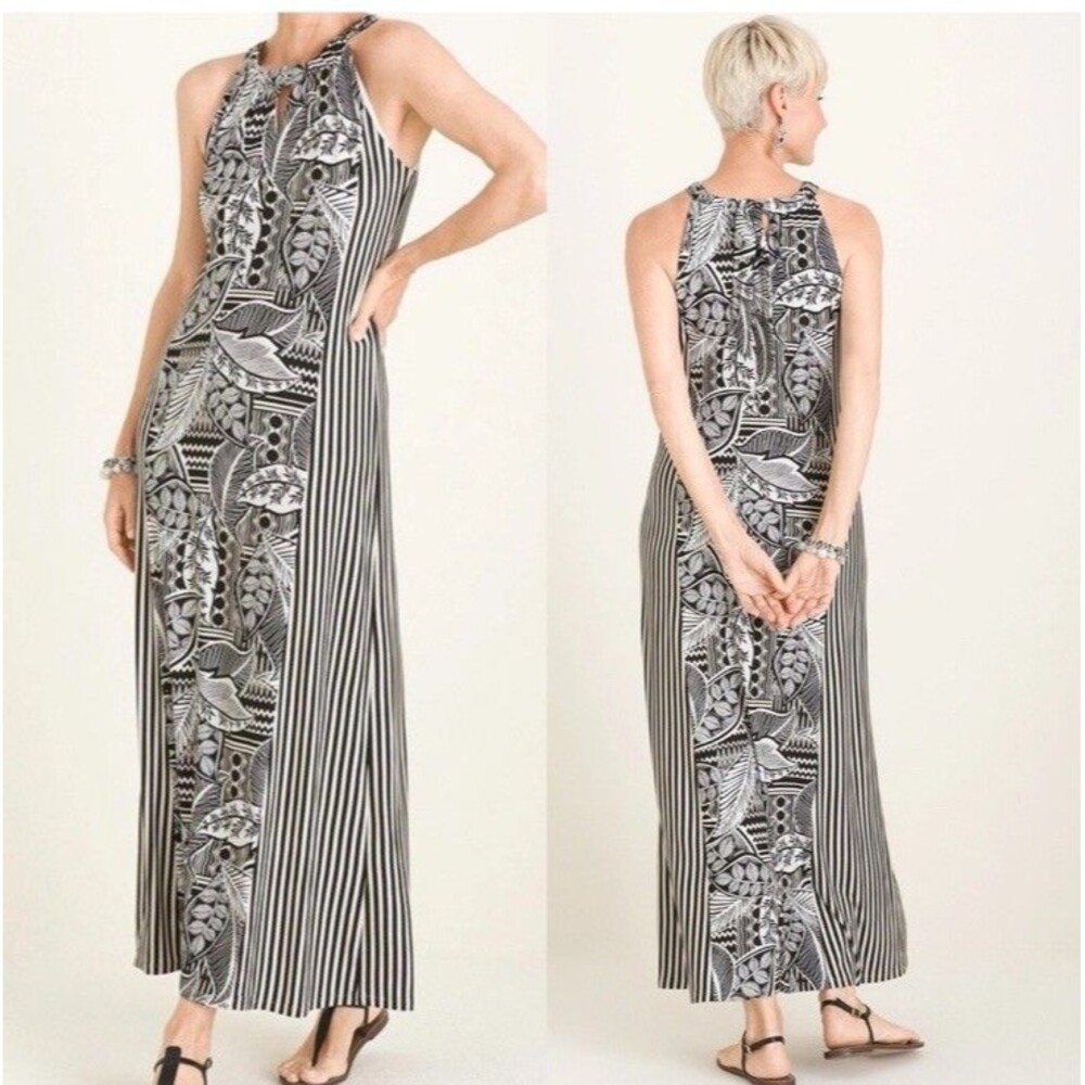 Chico’s Maxi Dress Sz 8/10P Petite Striped Halter Stretch Jersey Resort Wear